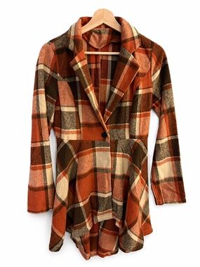 Plaid Waterfall Jacket Women’s SM | Rust Orange Brown Open Front Coat Cardigan